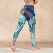 Buddha Stones Blue Dragon Auspicious Clouds Print Gym Leggings Women's Yoga Pants Leggings BS 4