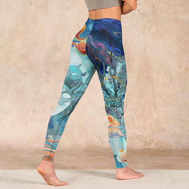Buddha Stones Blue Dragon Auspicious Clouds Print Gym Leggings Women's Yoga Pants - image 5