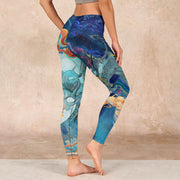 Buddha Stones Blue Dragon Auspicious Clouds Print Gym Leggings Women's Yoga Pants