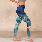 Buddha Stones Blue Dragon Auspicious Clouds Print Gym Leggings Women's Yoga Pants