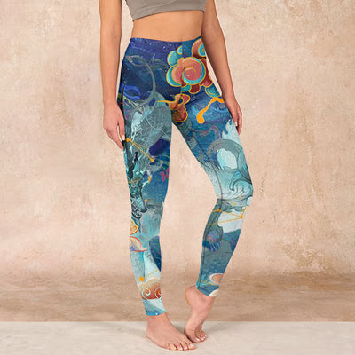 Buddha Stones Blue Dragon Auspicious Clouds Print Gym Leggings Women's Yoga Pants