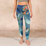 Buddha Stones Blue Dragon Auspicious Clouds Print Gym Leggings Women's Yoga Pants - image 2
