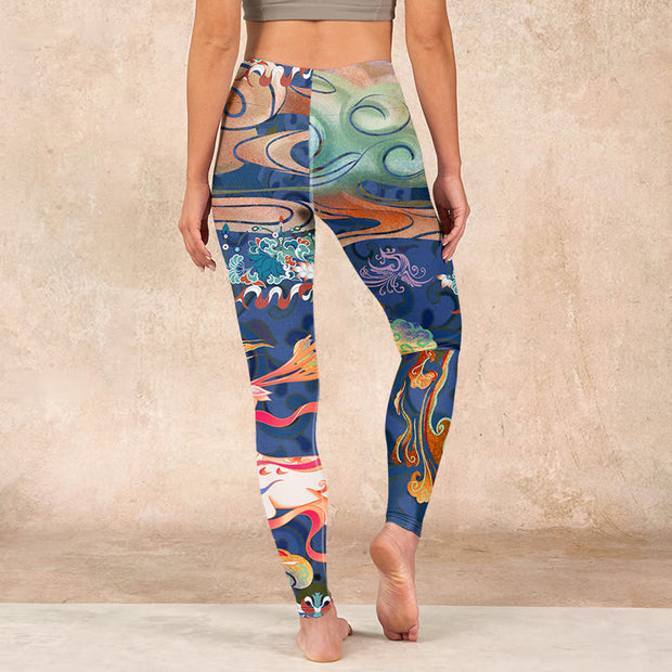 Buddha Stones Deer Auspicious Clouds Lotus Gym Leggings Women's Yoga Pants Leggings BS 16