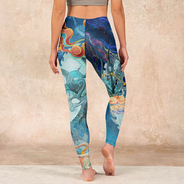 Buddha Stones Blue Dragon Auspicious Clouds Print Gym Leggings Women's Yoga Pants - image 15