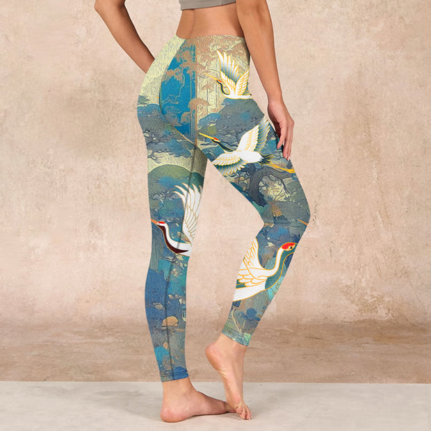 Buddha Stones Blue Red-crowned Crane Pine Tree Print Gym Leggings Women's Yoga Pants - image 3