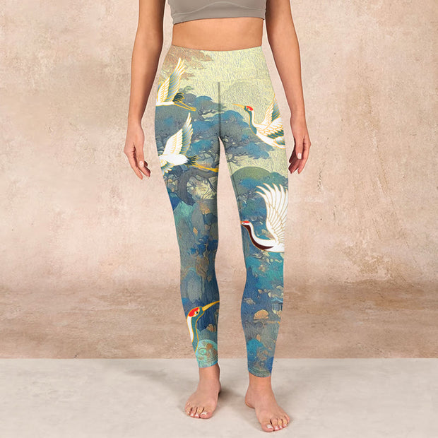 Buddha Stones Blue Red-crowned Crane Pine Tree Print Gym Leggings Women's Yoga Pants