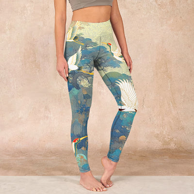 Buddha Stones Blue Red-crowned Crane Pine Tree Print Gym Leggings Women's Yoga Pants