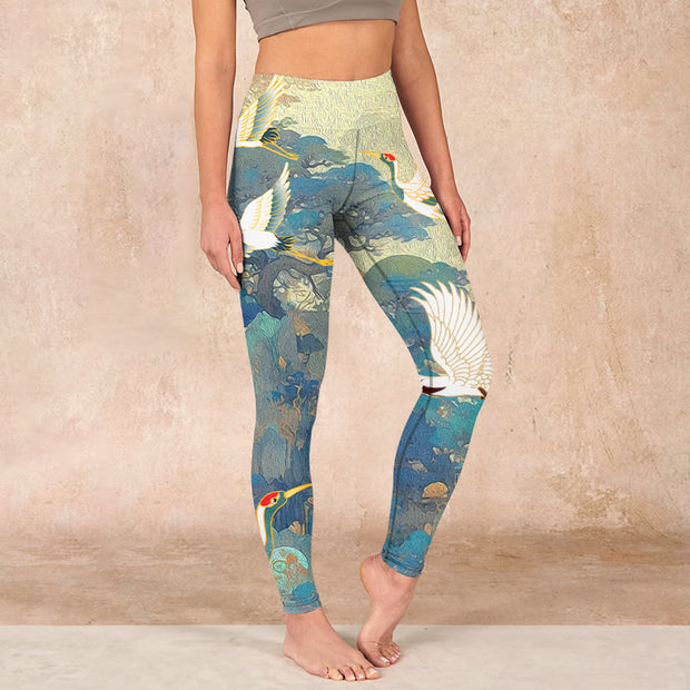 Buddha Stones Blue Red-crowned Crane Pine Tree Print Gym Leggings Women's Yoga Pants - LightBlue - US18，UK/AU22，EU50 (4XL) - image 1