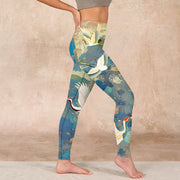 Buddha Stones Blue Red-crowned Crane Pine Tree Print Gym Leggings Women's Yoga Pants