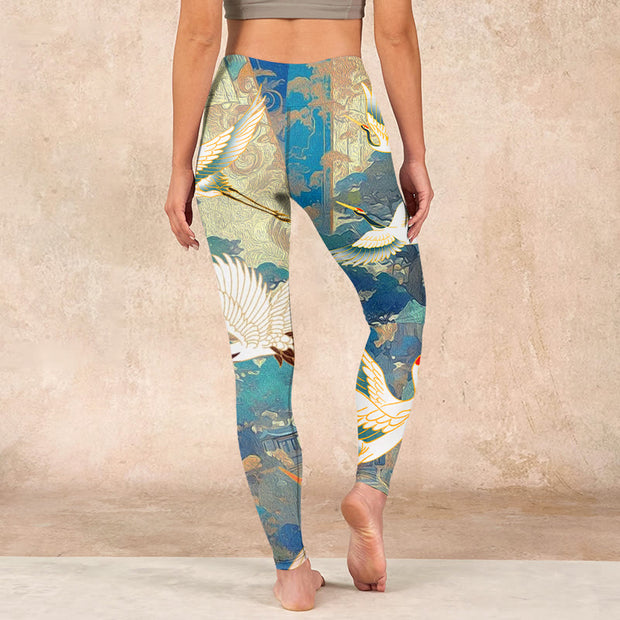 Buddha Stones Blue Red-crowned Crane Pine Tree Print Gym Leggings Women's Yoga Pants Leggings BS 15