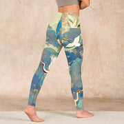 Buddha Stones Blue Red-crowned Crane Pine Tree Print Gym Leggings Women's Yoga Pants - image 5