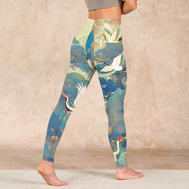 Buddha Stones Blue Red-crowned Crane Pine Tree Print Gym Leggings Women's Yoga Pants - image 5