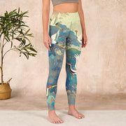 Buddha Stones Blue Red-crowned Crane Pine Tree Print Gym Leggings Women's Yoga Pants