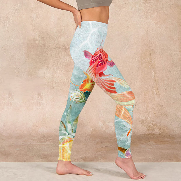 Buddha Stones Green Koi Fish White Lotus Water Ripples Print Gym Leggings Women's Yoga Pants