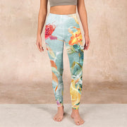 Buddha Stones Green Koi Fish White Lotus Water Ripples Print Gym Leggings Women's Yoga Pants