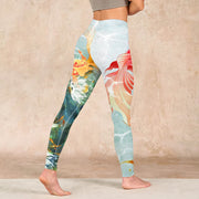 Buddha Stones Green Koi Fish White Lotus Water Ripples Print Gym Leggings Women's Yoga Pants