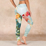 Buddha Stones Green Koi Fish White Lotus Water Ripples Print Gym Leggings Women's Yoga Pants