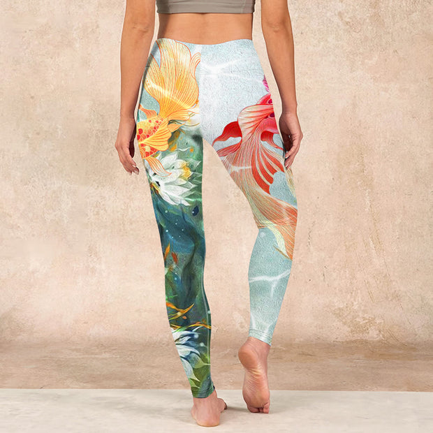 Buddha Stones Green Koi Fish White Lotus Water Ripples Print Gym Leggings Women's Yoga Pants - image 15