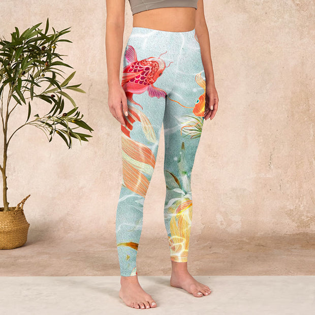 Buddha Stones Green Koi Fish White Lotus Water Ripples Print Gym Leggings Women's Yoga Pants - image 4