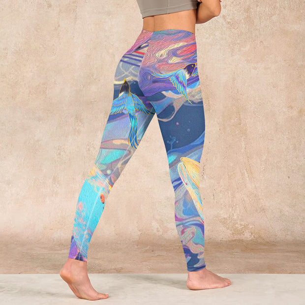 Buddha Stones Whales Swallows Waves Print Gym Leggings Women's Yoga Pants Leggings BS 4