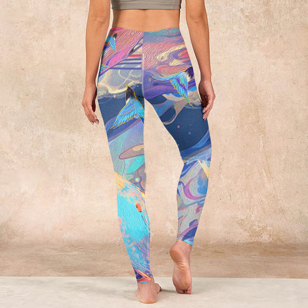 Buddha Stones Whales Swallows Waves Print Gym Leggings Women's Yoga Pants