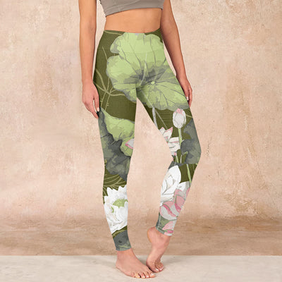 Buddha Stones Lotus Print Gym Leggings Women's Yoga Pants - OliveDrab - US18，UK/AU22，EU50 (4XL) - image 1