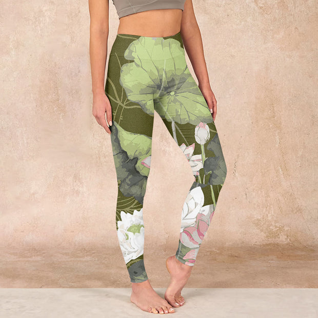 Buddha Stones Lotus Print Gym Leggings Women's Yoga Pants - OliveDrab - US18，UK/AU22，EU50 (4XL) - image 1