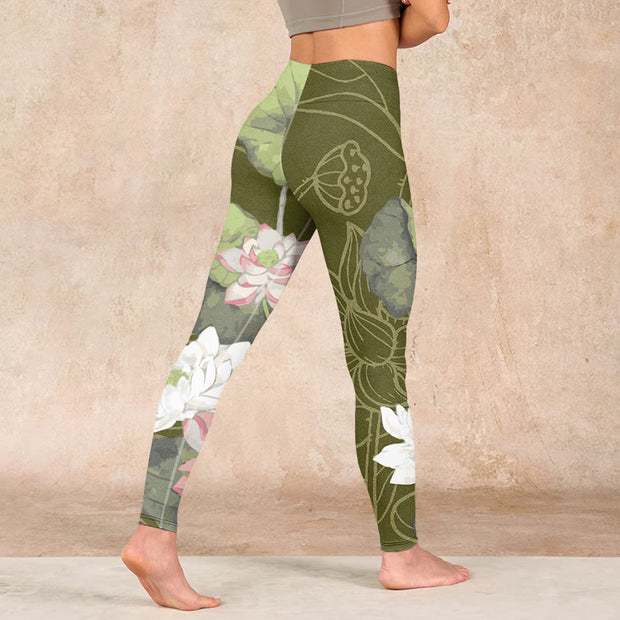 Buddha Stones Lotus Print Gym Leggings Women's Yoga Pants Leggings BS 4