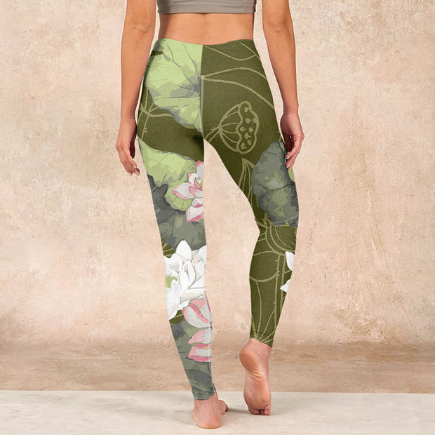 Buddha Stones Lotus Print Gym Leggings Women's Yoga Pants Leggings BS 16