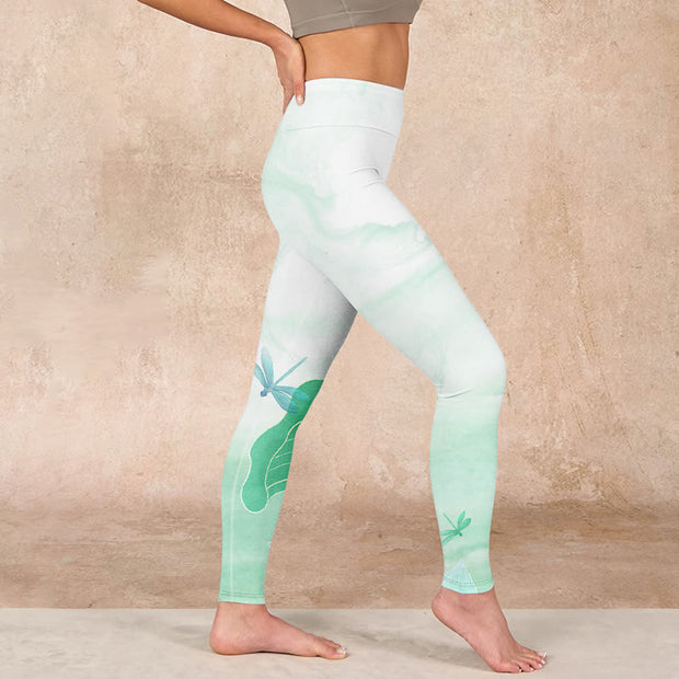 Buddha Stones Mint Green Lotus Leaf Dragonfly Print Exercise Leggings Women's Yoga Pants Leggings BS 17