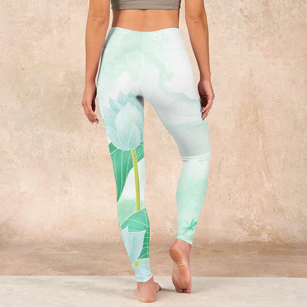 Buddha Stones Mint Green Lotus Leaf Dragonfly Print Exercise Leggings Women's Yoga Pants Leggings BS 15