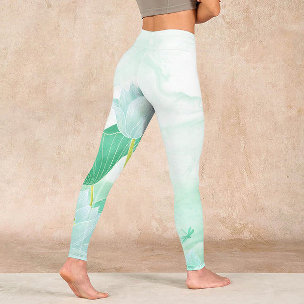 Buddha Stones Mint Green Lotus Leaf Dragonfly Print Exercise Leggings Women's Yoga Pants Leggings BS 4