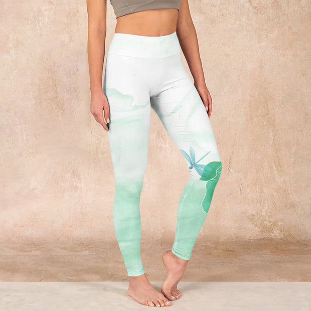 Buddha Stones Mint Green Lotus Leaf Dragonfly Print Exercise Leggings Women's Yoga Pants