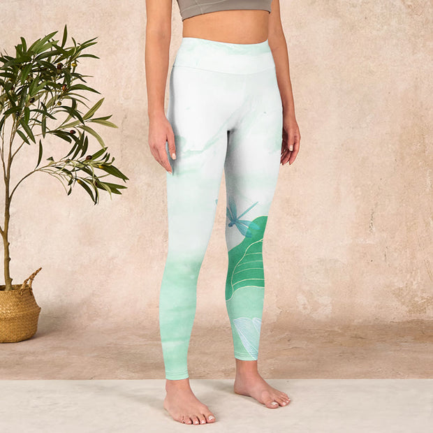 Buddha Stones Mint Green Lotus Leaf Dragonfly Print Exercise Leggings Women's Yoga Pants Leggings BS 3