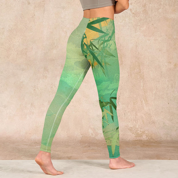 Buddha Stones Green Bamboo Pavilion Print Gym Leggings Women's Yoga Pants Leggings BS 4