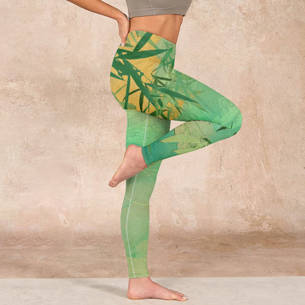 Buddha Stones Green Bamboo Pavilion Print Gym Leggings Women's Yoga Pants Leggings BS 16