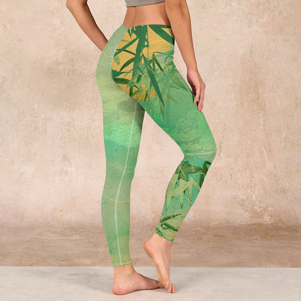 Buddha Stones Green Bamboo Pavilion Print Gym Leggings Women's Yoga Pants Leggings BS 2