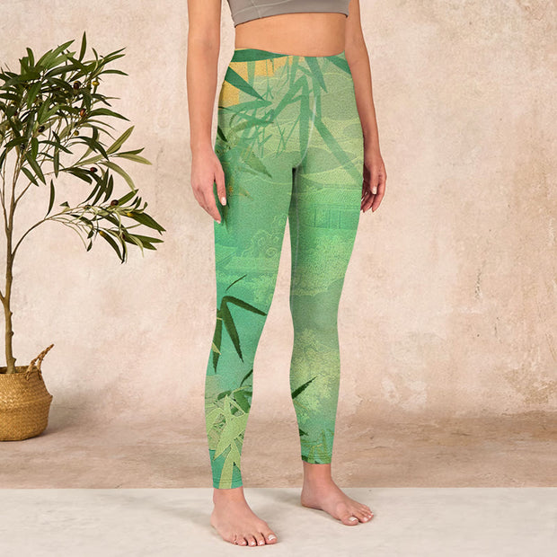 Buddha Stones Green Bamboo Pavilion Print Gym Leggings Women's Yoga Pants Leggings BS 3