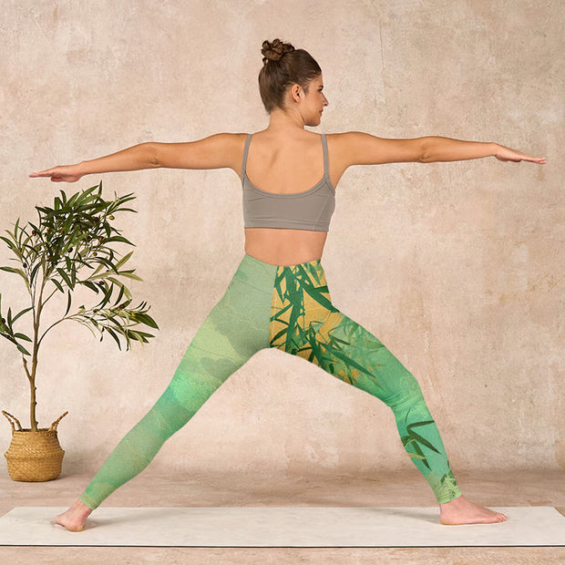 Buddha Stones Green Bamboo Pavilion Print Gym Leggings Women's Yoga Pants