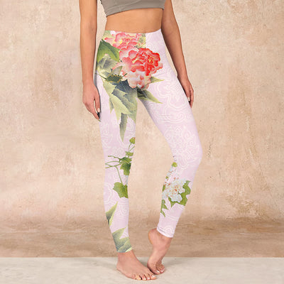 Buddha Stones Hibiscus Flowers And Leaves Print Gym Leggings Women's Yoga Pants Leggings BS Pink US18，UK/AU22，EU50 (4XL)