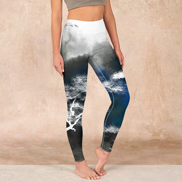 Buddha Stones Ink Painting Pine Tree Print Gym Leggings Women's Yoga Pants Leggings BS Gray US18，UK/AU22，EU50 (4XL)