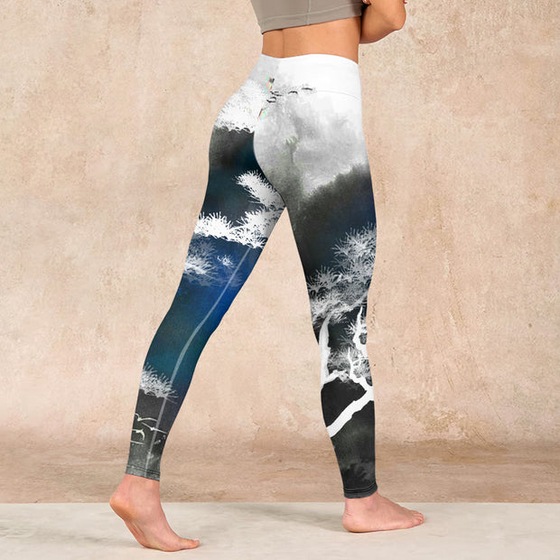 Buddha Stones Ink Painting Pine Tree Print Gym Leggings Women's Yoga Pants