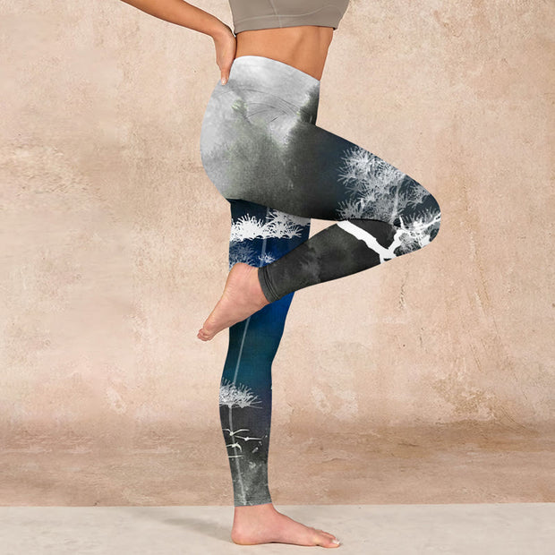 Buddha Stones Ink Painting Pine Tree Print Gym Leggings Women's Yoga Pants Leggings BS 16