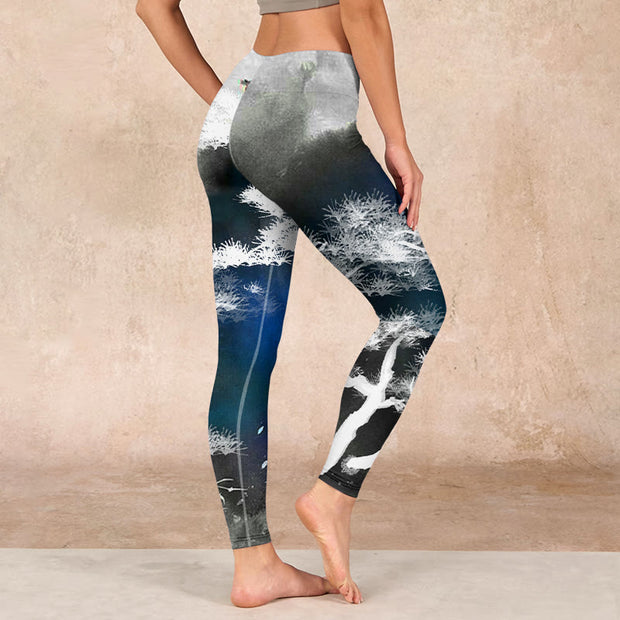 Buddha Stones Ink Painting Pine Tree Print Gym Leggings Women's Yoga Pants Leggings BS 2