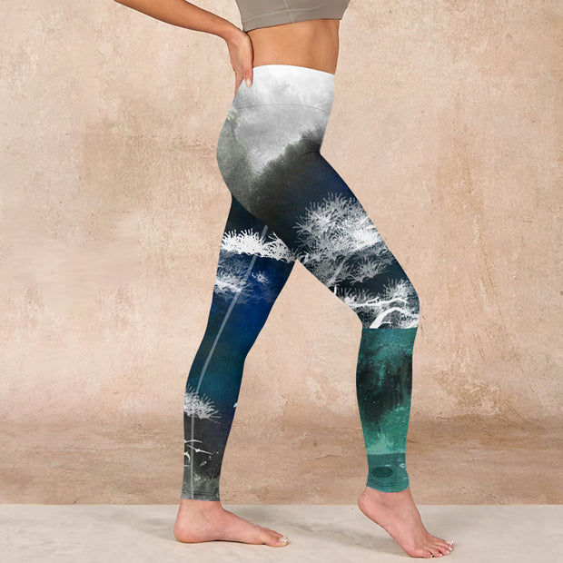 Buddha Stones Ink Painting Pine Tree Print Gym Leggings Women's Yoga Pants Leggings BS 17