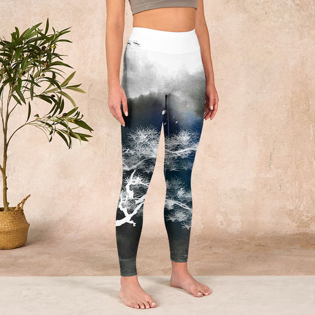 Buddha Stones Ink Painting Pine Tree Print Gym Leggings Women's Yoga Pants Leggings BS 3