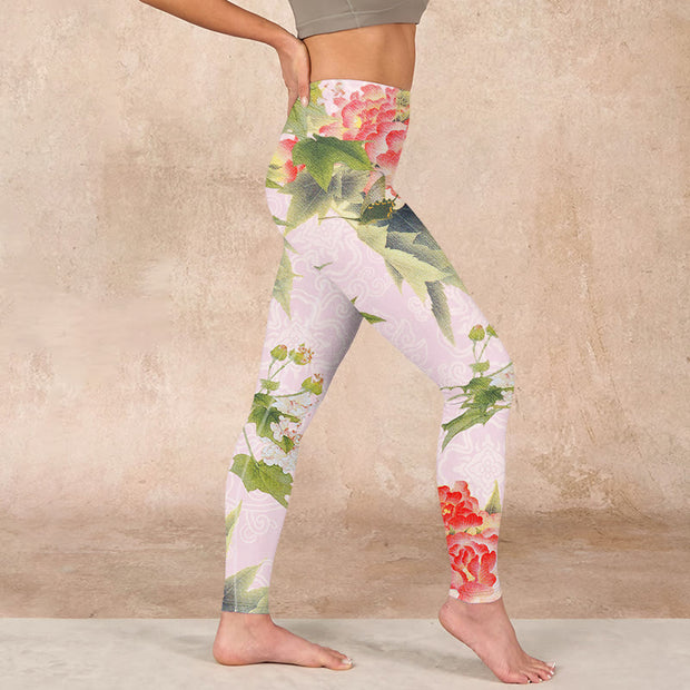 Buddha Stones Hibiscus Flowers And Leaves Print Gym Leggings Women's Yoga Pants