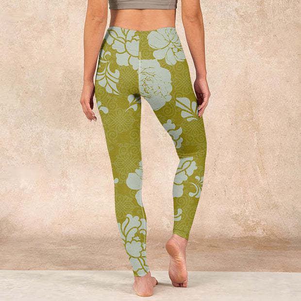 Buddha Stones Monochrome Flowers Print Gym Leggings Women's Yoga Pants