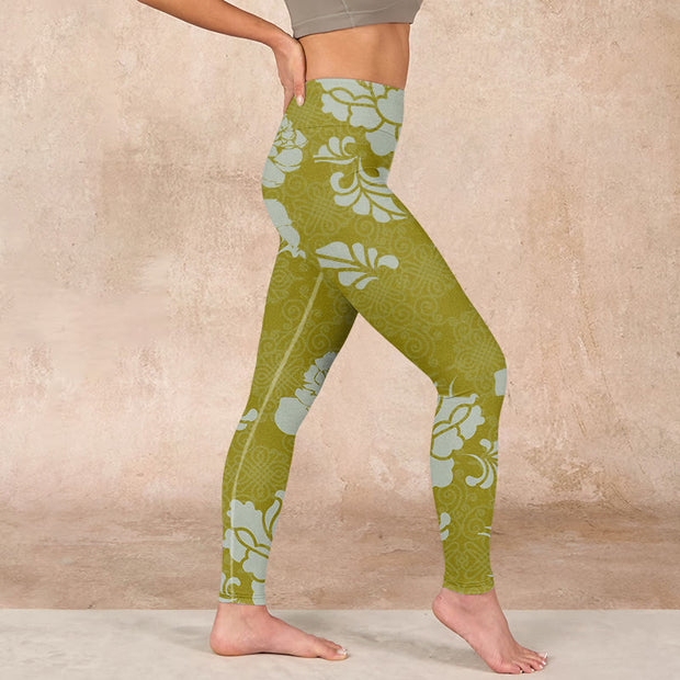 Buddha Stones Monochrome Flowers Print Gym Leggings Women's Yoga Pants