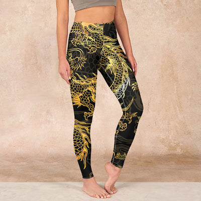 Buddha Stones Golden Dragon Print Gym Leggings Women's Yoga Pants